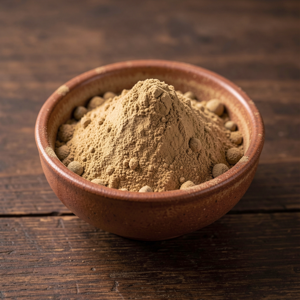 Close-up of loose ashwagandha root powder in a ceramic bowl on a dark wooden surface, natural studio lighting
