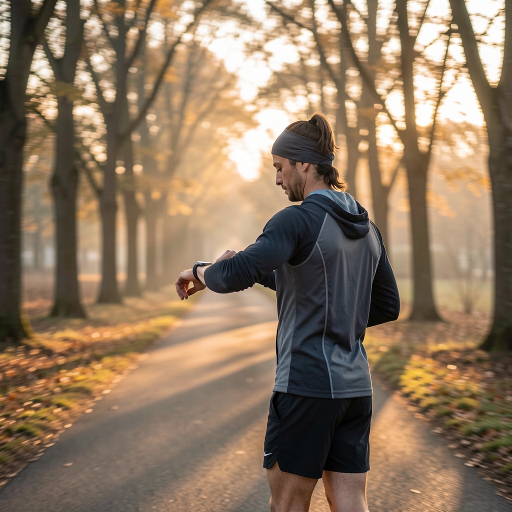 Runner in outdoor gear checking a wristwatch on a tree-lined path at dawn, shot from behind, motion blur on the background